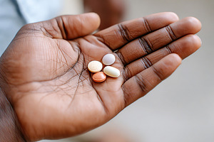 Open human hand holding assorted tablets in a natural setting during daytime, a Photo by AlyaAnd