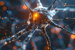 Single glowing neuron with extended dendrites and synaptic conne, a Health & Medical Photo by GoodGoods