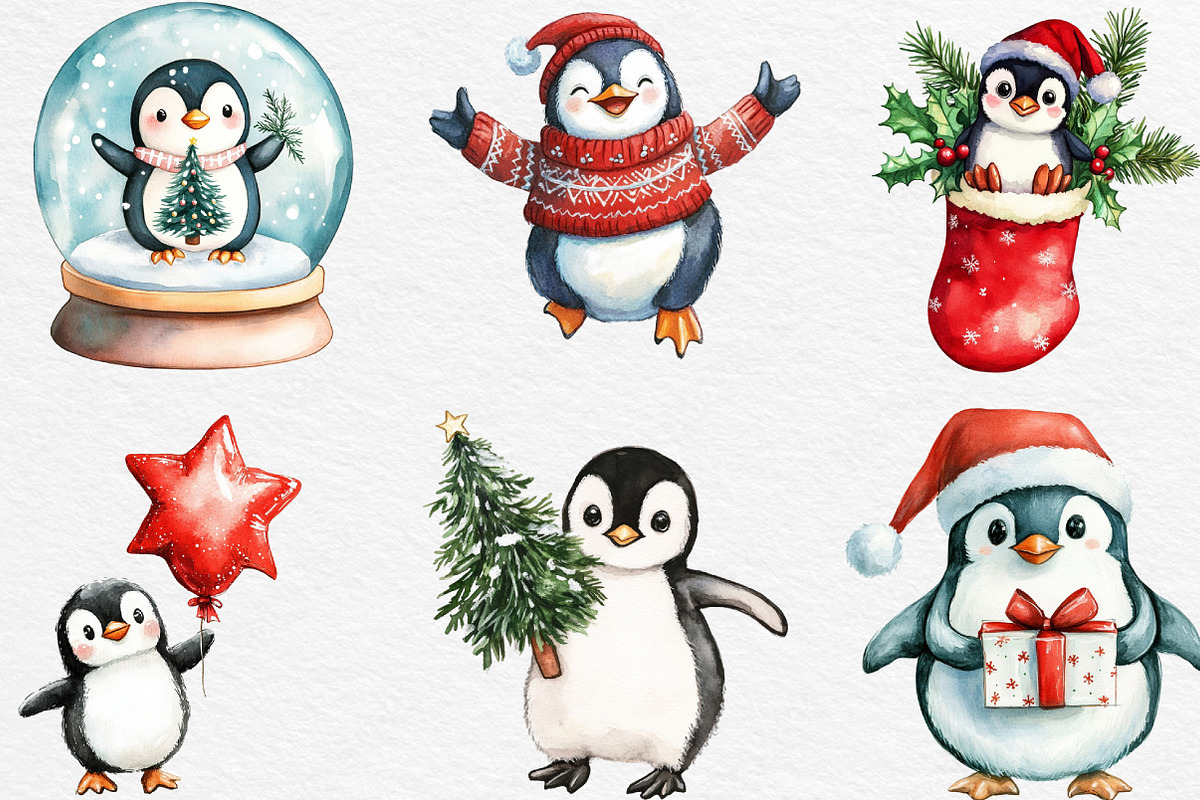 Watercolor Christmas Penguin Clipart, an Illustration by Black Bird Studio (Photo 3 of 6)