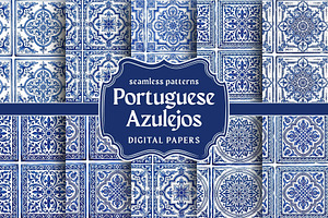 Blue White Azulejo Seamless Patterns