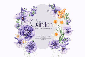Watercolor Flowers Set Purple Garden