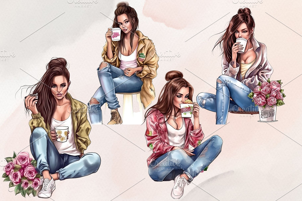 8 Watercolor Coffee Fashion Girl PNG, a Decorative Illustration by Jalina Clipart Studio (Photo 3 of 7)
