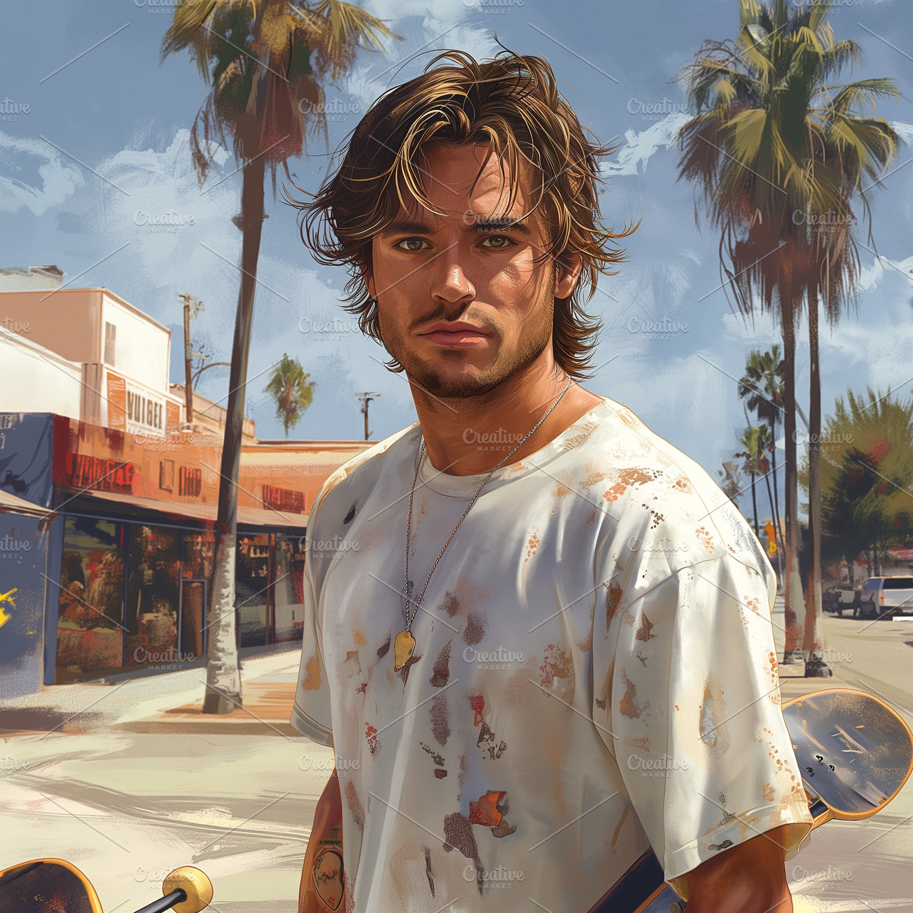 A young male skateboarder with tousled hair stands confidently by palm trees, e, a Person Photo by ImageMir