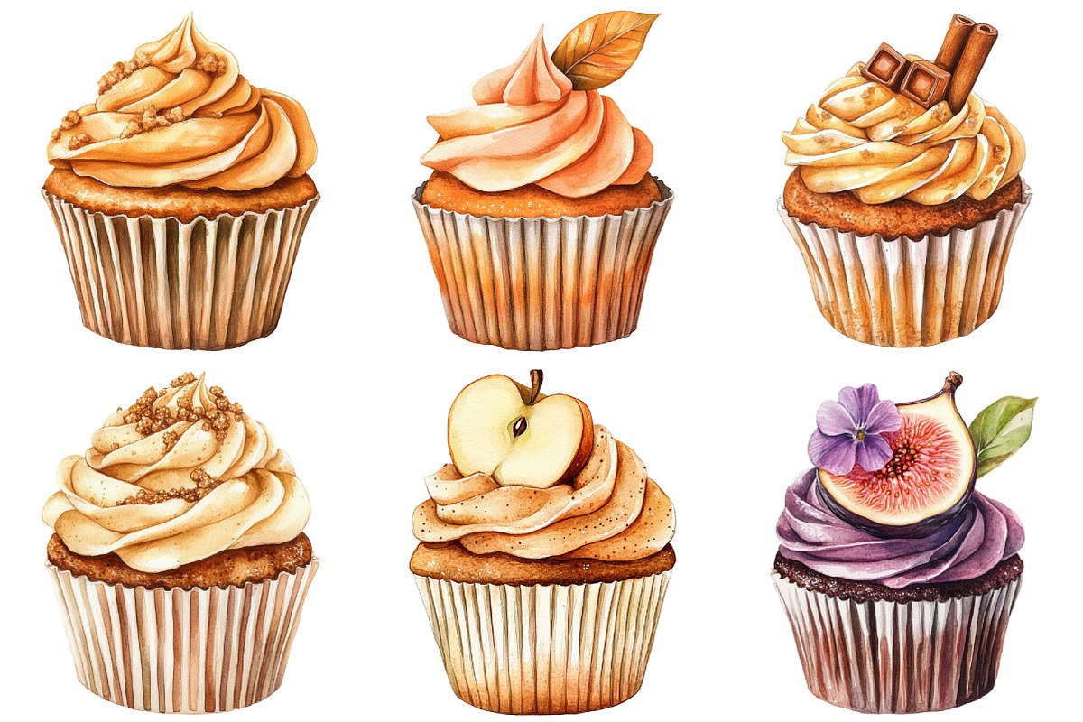 Watercolor Autumn Cupcake Clipart, an Illustration by Craft Nest (Photo 3 of 6)