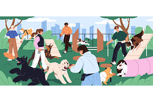 Pet owners training dogs at park, an Animal Illustration by PaperTrident