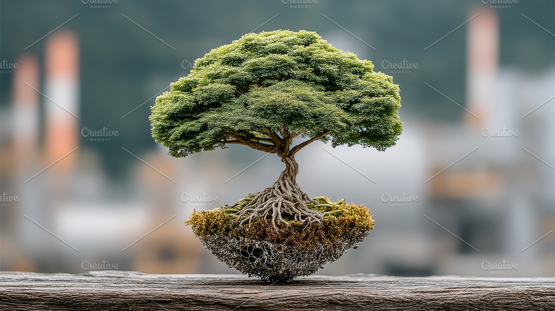 Eco business concept with floating bonsai tree and exposed roots symbolizing su, a Photo by AS photostudio