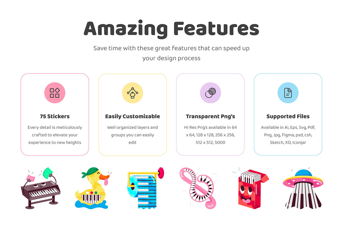 Piano Cartoon Stickers Set, an Emoji Icon by Vectors Market (Photo 2 of 6)