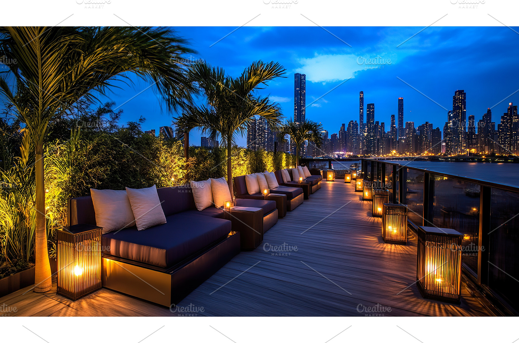 Rooftop lounge with city skyline and, an Architecture Photo by Lermont51