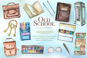 Watercolor Old School Clipart Set