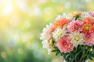 Brightly blooming pink, orange, and white dahlia flowers in a vibrant garden se, a Nature Photo by AlyaAnd