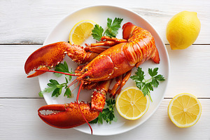 Lobster served with lemon and herbs on white plate, a Food & Drink Photo by AlyaAnd