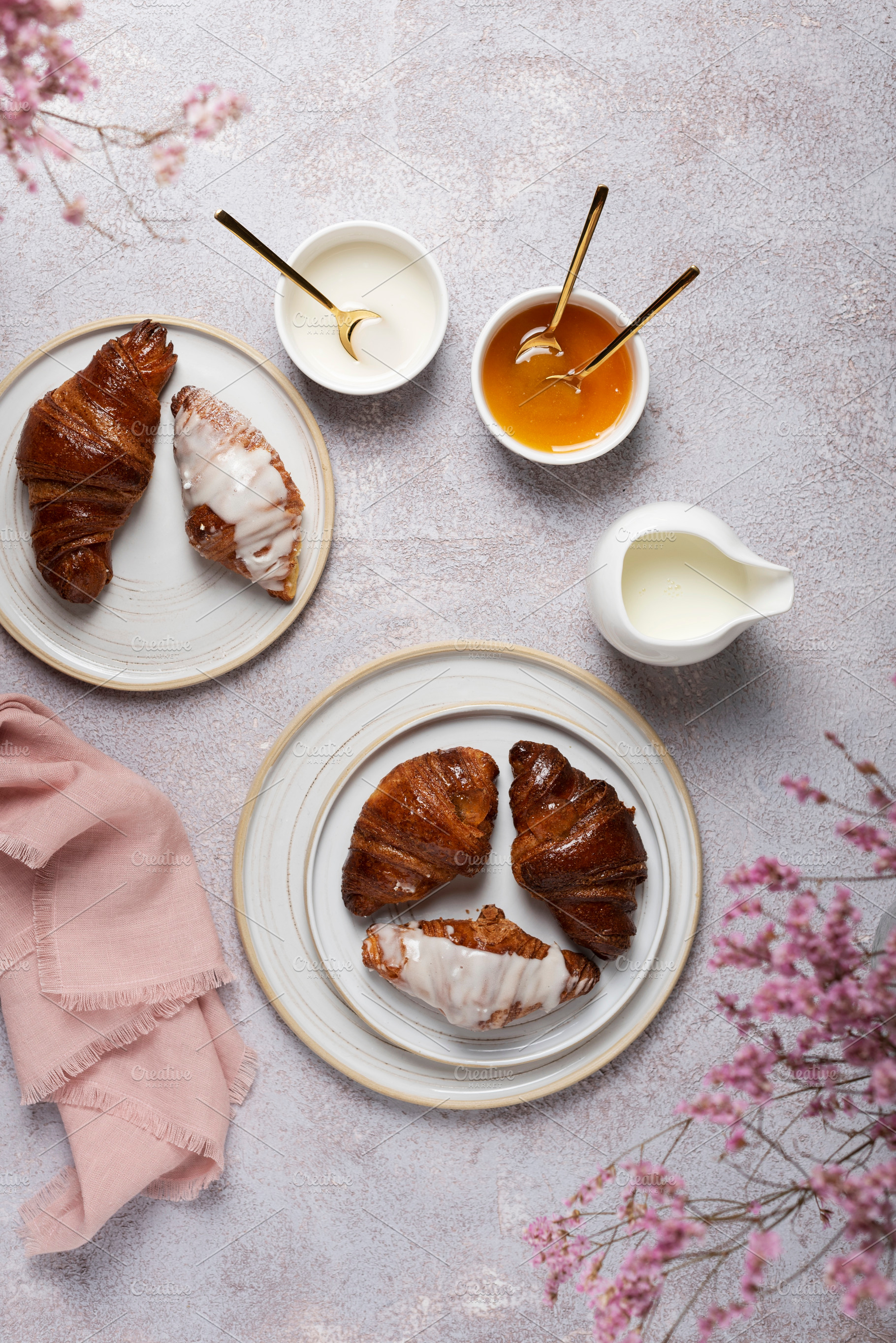 Various Italian croissant with coffee, a Food & Drink Photo by oxana.denezhkina