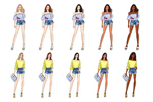 Girls In Shorts Fashion Clipart Set