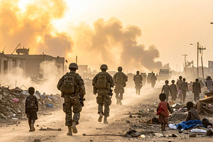 Civils and armed soldiers in battlefiled scene, a Background Photo by DanFLCreativo