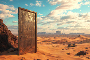 Mysterious open door in vast desert, a Photo by Pavel_design