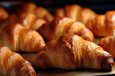 Fresh delicious croissants background. Generative AI, a Food & Drink Photo by AlyaAnd