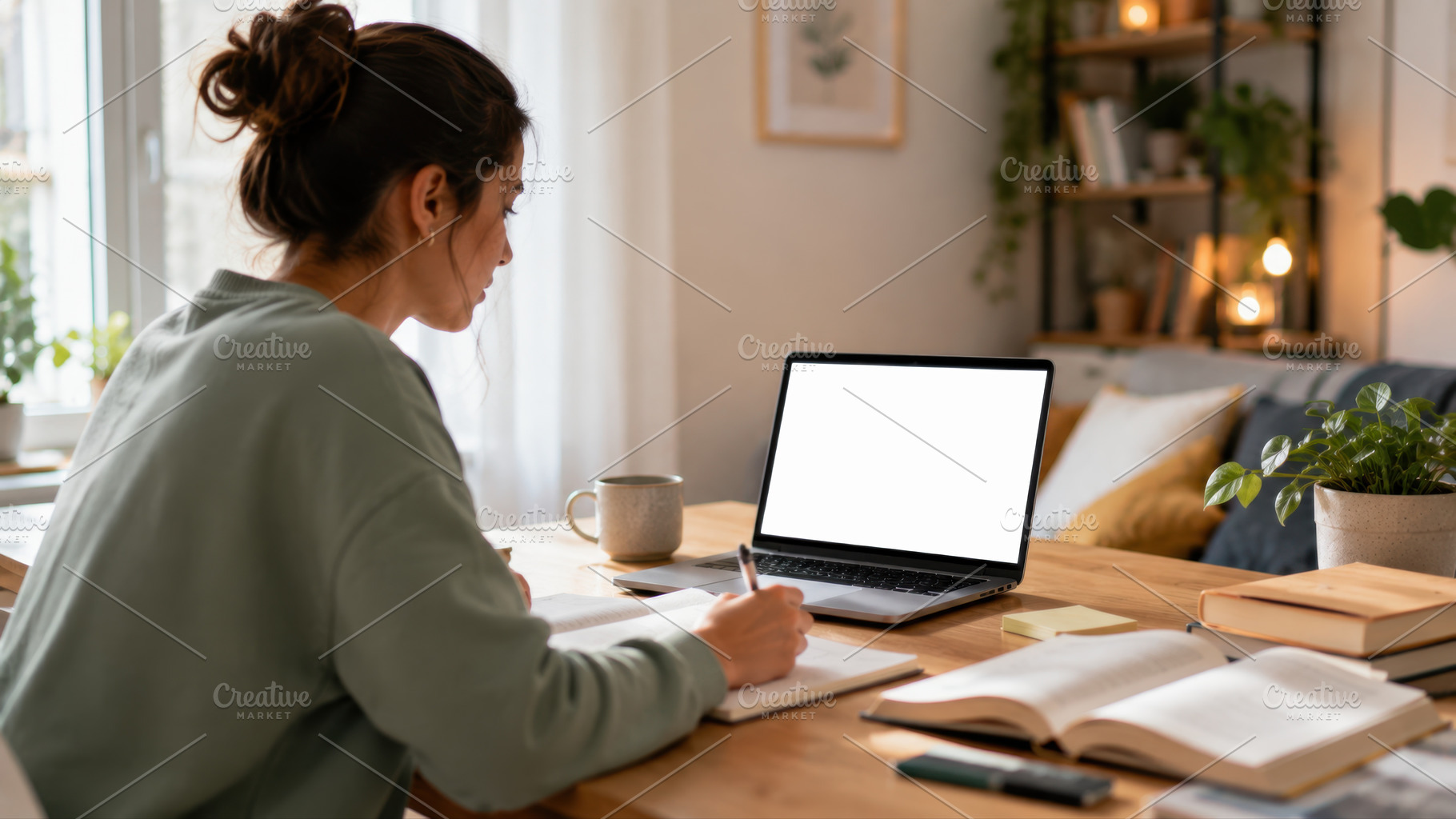 Woman studies in a cozy room, a Photo by Beautiful things