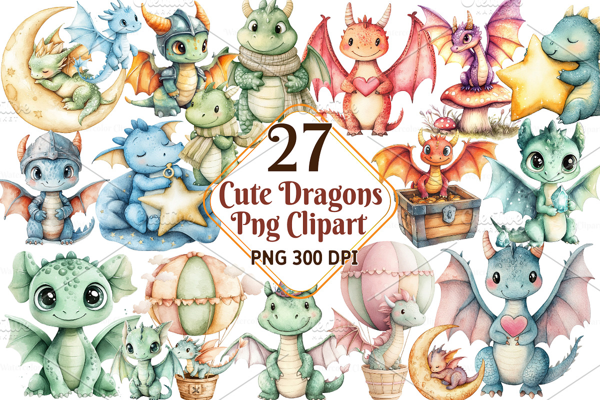 Dragons watercolor clipart, an Illustration by Watercolor design (Photo 1 of 5)