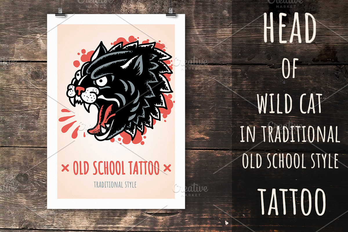Wild Cat Old School Tattoo tradition, an Animal Illustration by Mak_Art (Photo 2 of 2)