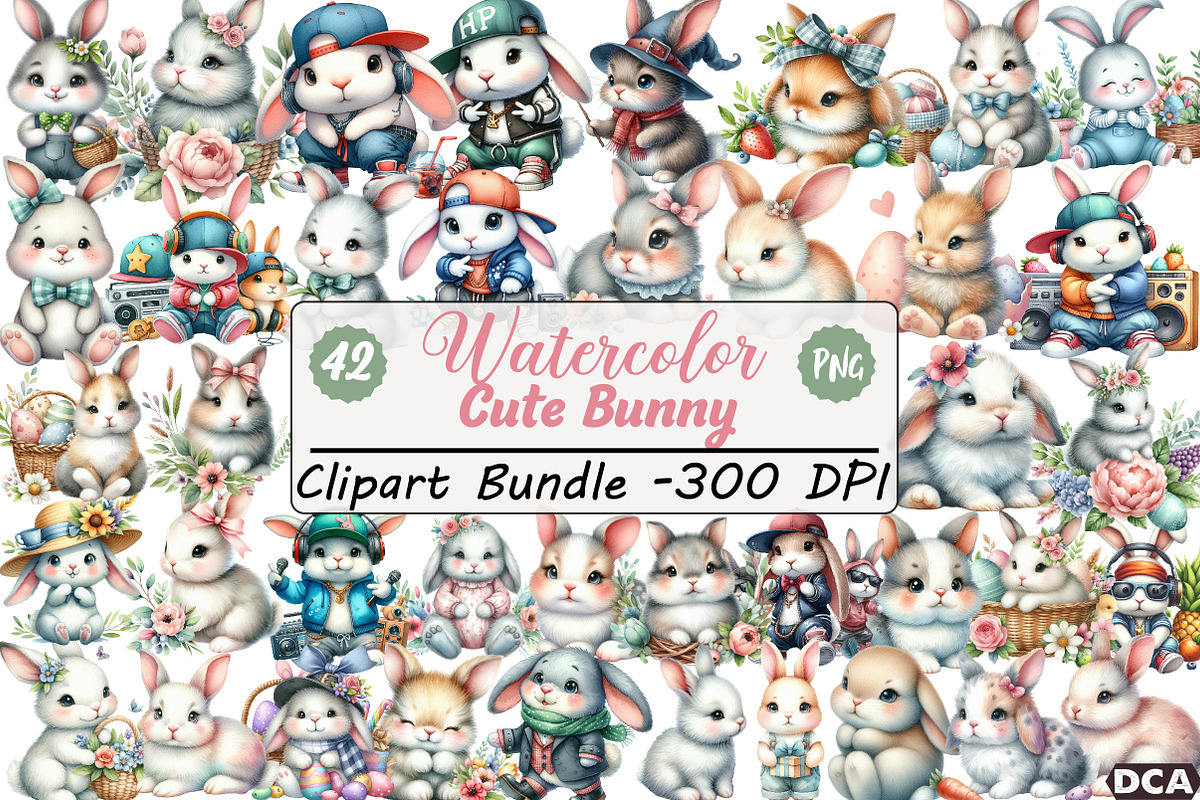 Watercolor Cute Bunny Clipart Set, an Illustration by DreamCafeArt (Photo 1 of 7)