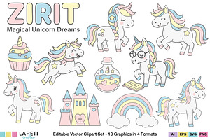 Pastel Unicorn Clipart Set