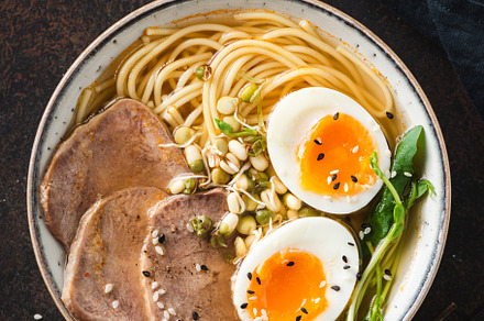 Ramen soup noodle bowl with egg, a Food & Drink Photo by The baking man