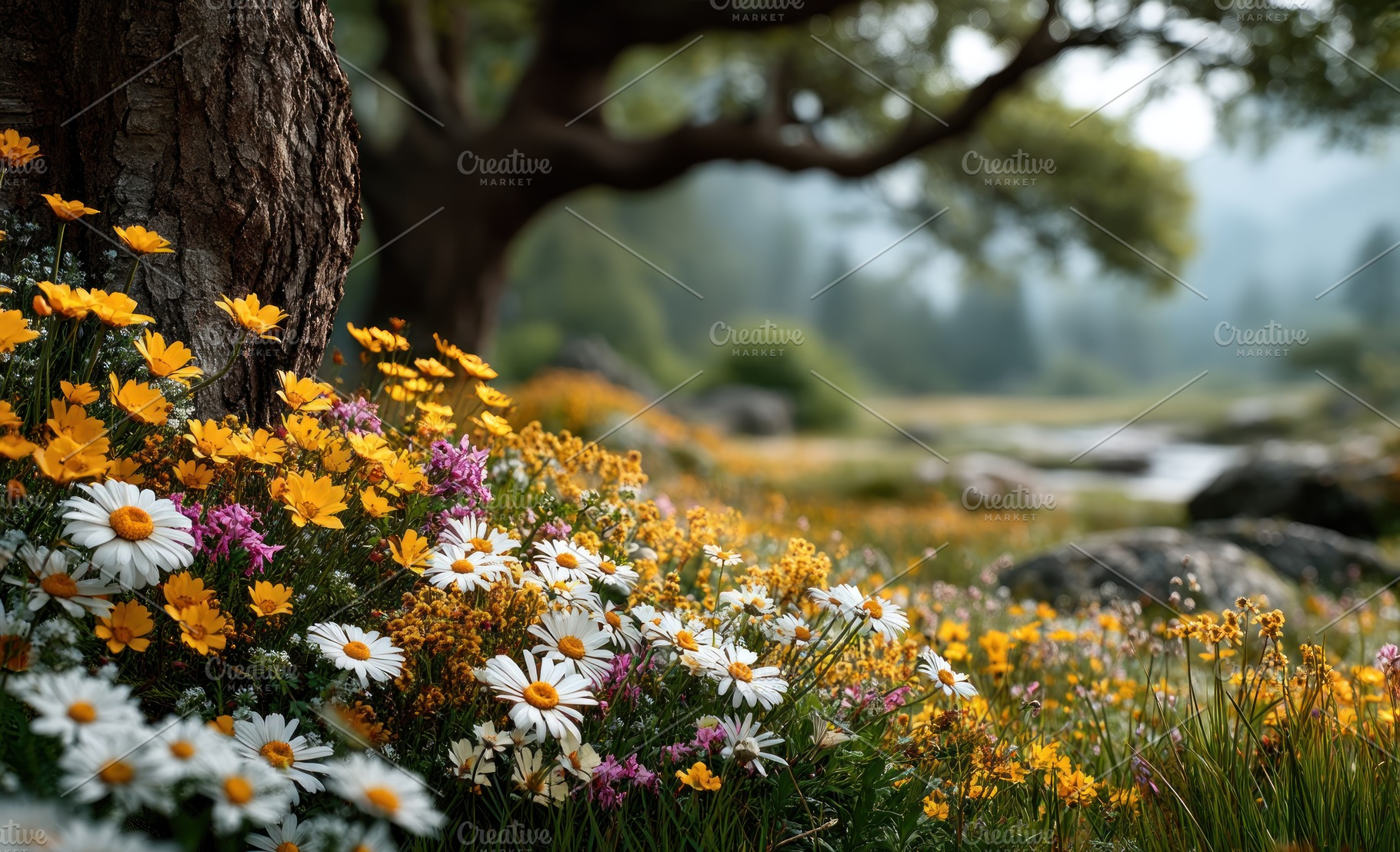 Colorful wildflowers blooming beside tree trunk in sunny mountai, a Nature Photo by José Manuel Gelpi