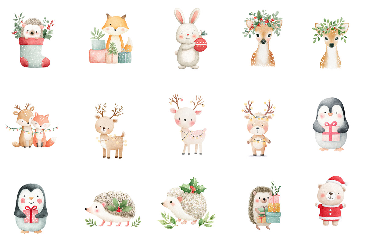 Watercolor Christmas animals Clipart, an Illustration by Designworld (Photo 4 of 5)