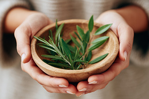 Hands holding a wooden bowl with, a Nature Photo by MistyDay