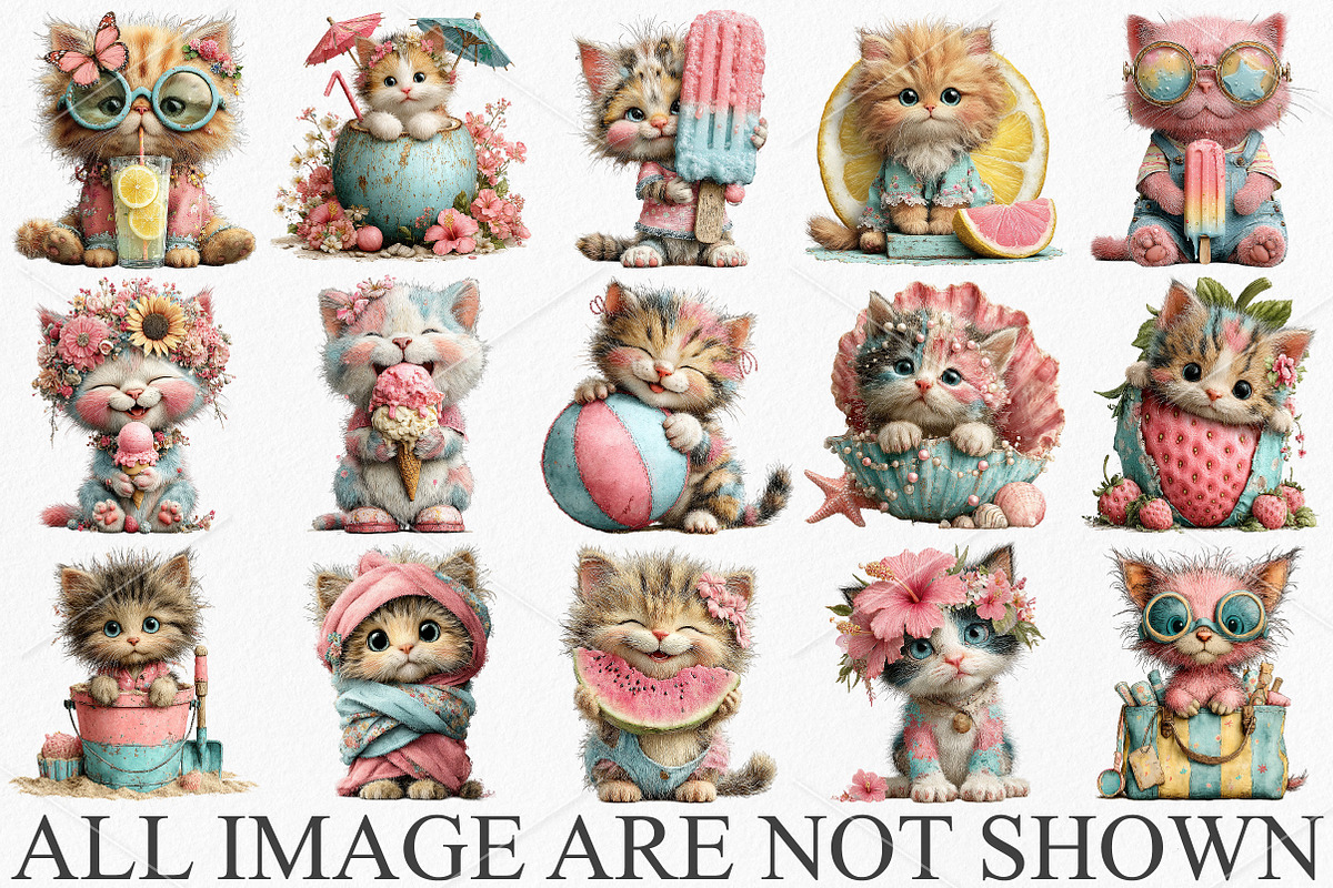 Whimsical Summer Cats Clipart Bundle, an Illustration by Canvas Craft (Photo 3 of 7)