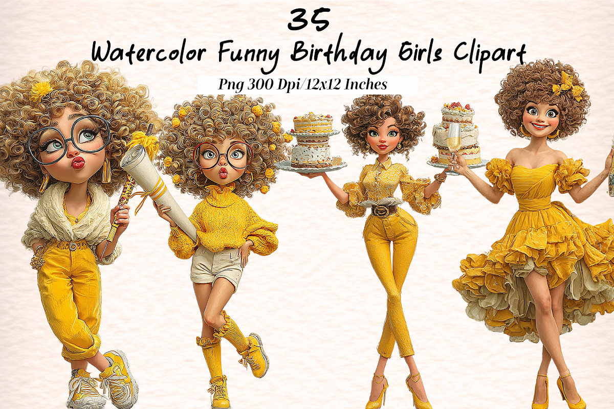 Watercolor Funny Birthday Girls Clip, an Illustration by Digital Artistic99 (Photo 1 of 11)