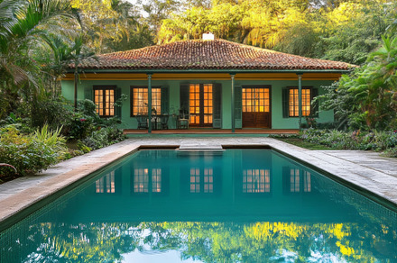 Vintage home with pool reflection and tropical surroundings, an Abstract Photo by Natalia Klenova's Shop