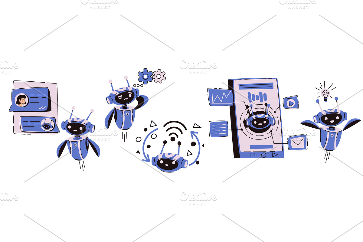 Cute chatbot AI characters set, a Technology Illustration by art PVP - market