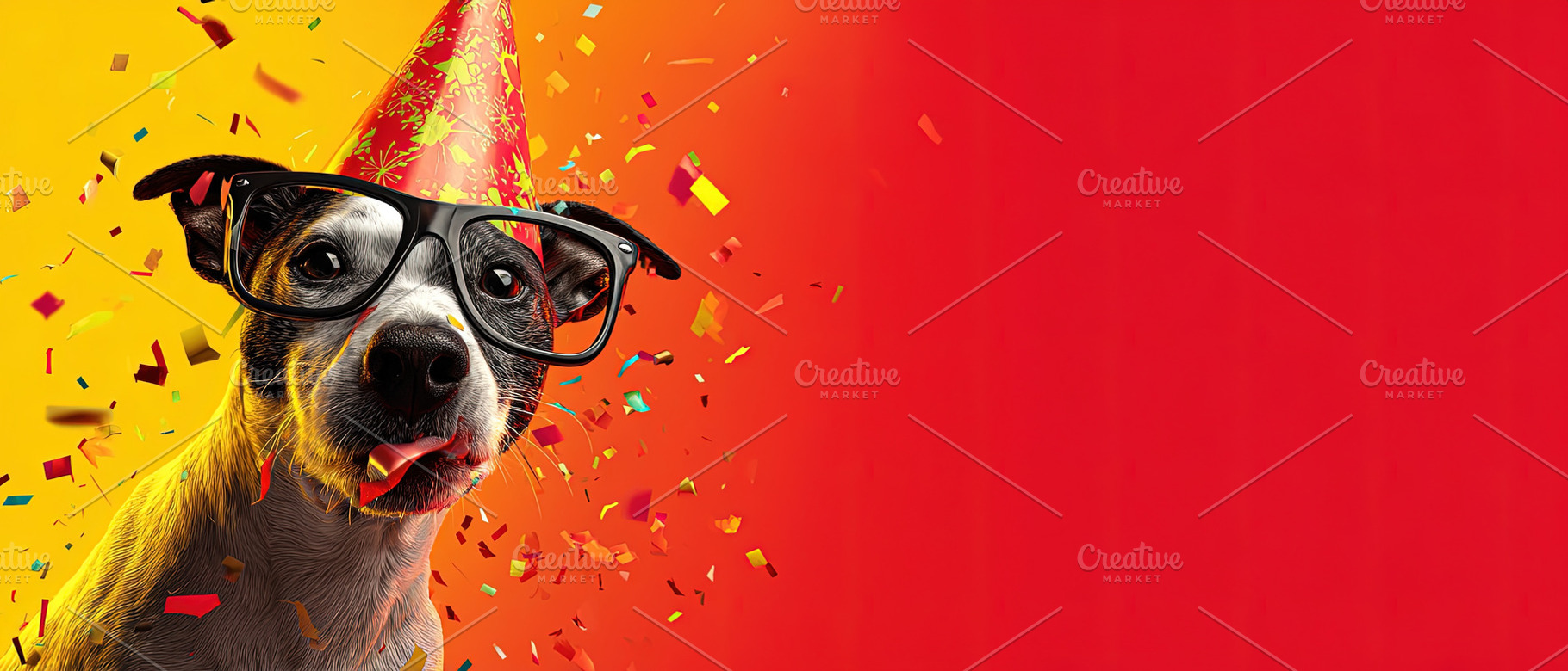 Playful dog with glasses and party hat surrounded by confetti on, an Animal Photo by Ales Munt