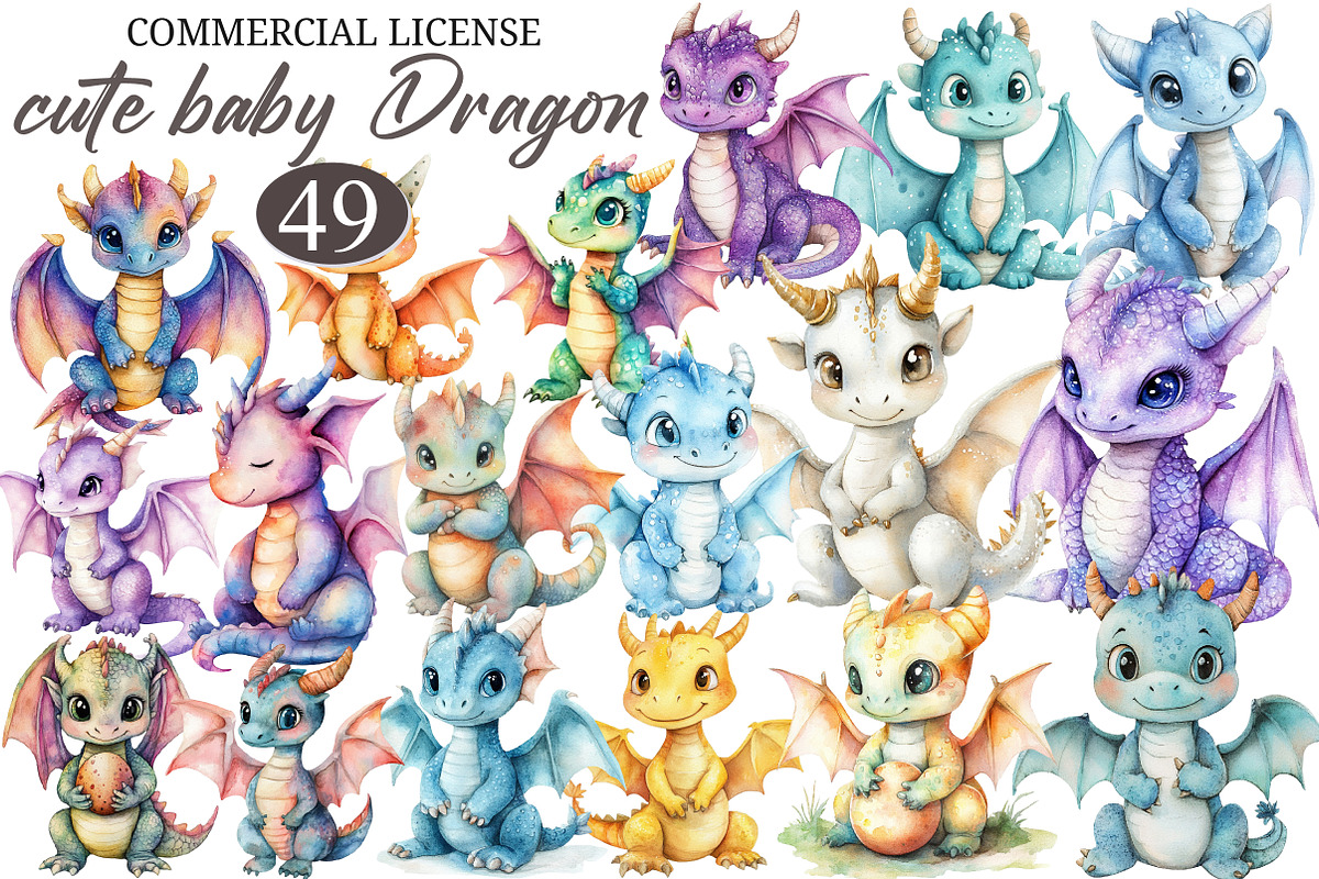 Watercolor cute baby Dragon Clipart, an Illustration by designcity5 (Photo 1 of 5)