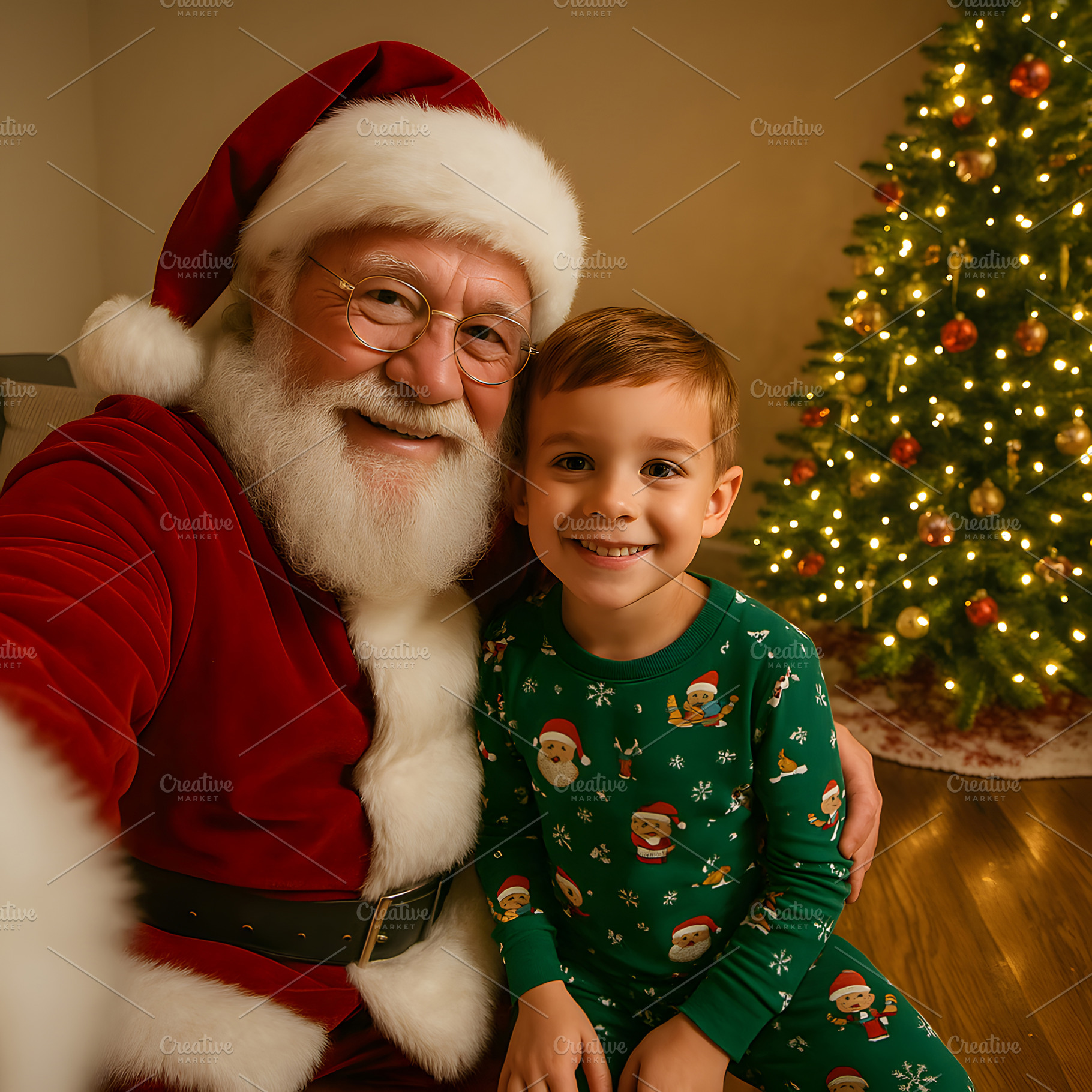 Santa Claus smiles warmly in a selfie with young boy, a Holiday Photo by GoodGoods
