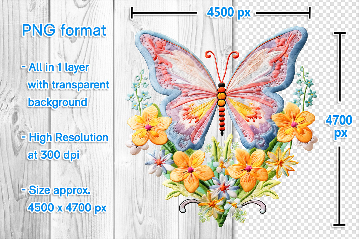 Embroidery Butterfly & Flowers PNG, an Object Graphic by V Design Creator (Photo 2 of 7)