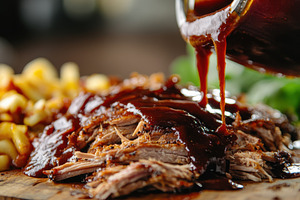 BBQ sauce drips from tender pulled, a Photo by Pavel_design