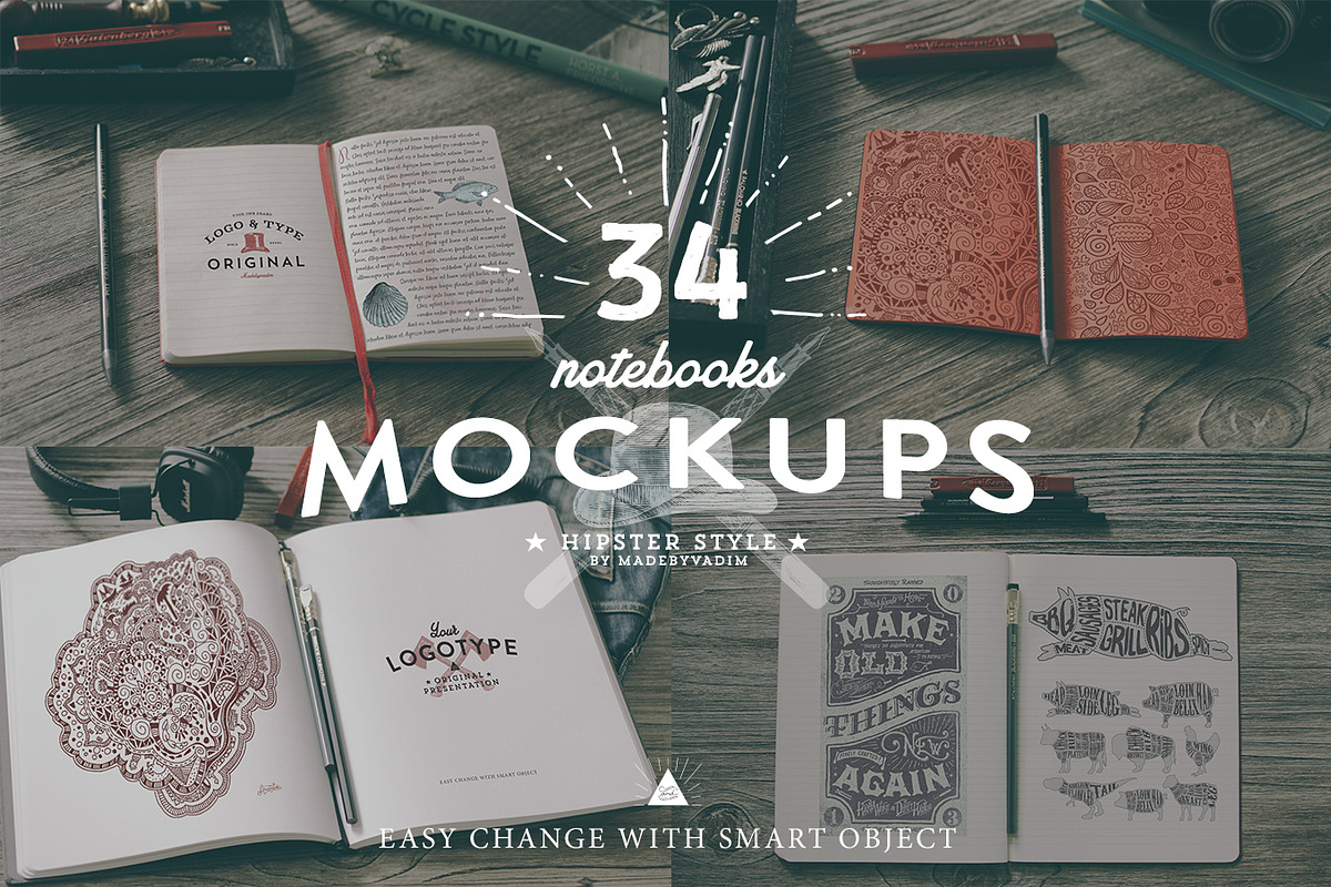 34 Hip Notebook Mock-ups, a Pens & Pencil Mockup by Madebyvadim (Photo 1 of 5)