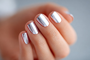 Close-up of a female hand showcasing shiny silver nail polish against a blurred, a Photo by AlyaAnd