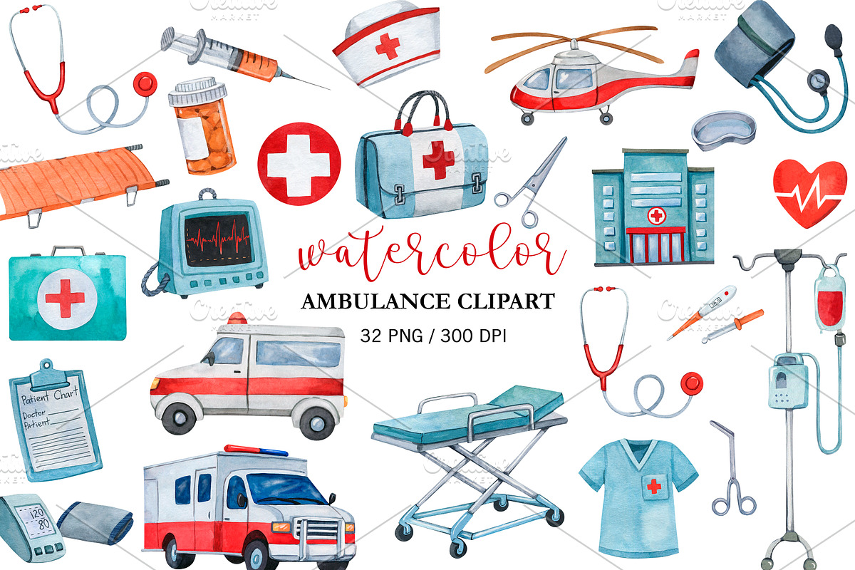 Watercolor Ambulance Clipart PNG, a Healthcare Illustration by PatternPalette (Photo 1 of 2)