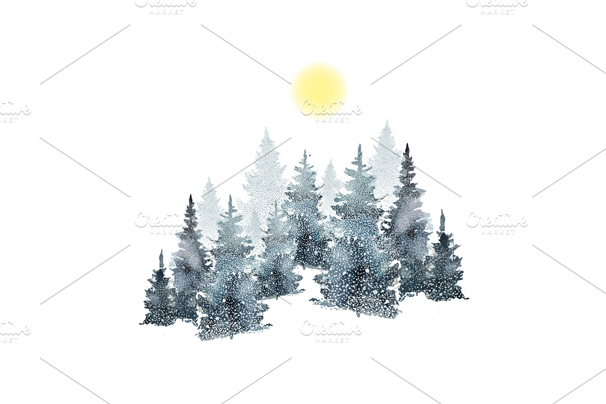 Watercolor landscape of fir trees in, an Illustration by Nenahliadava Design