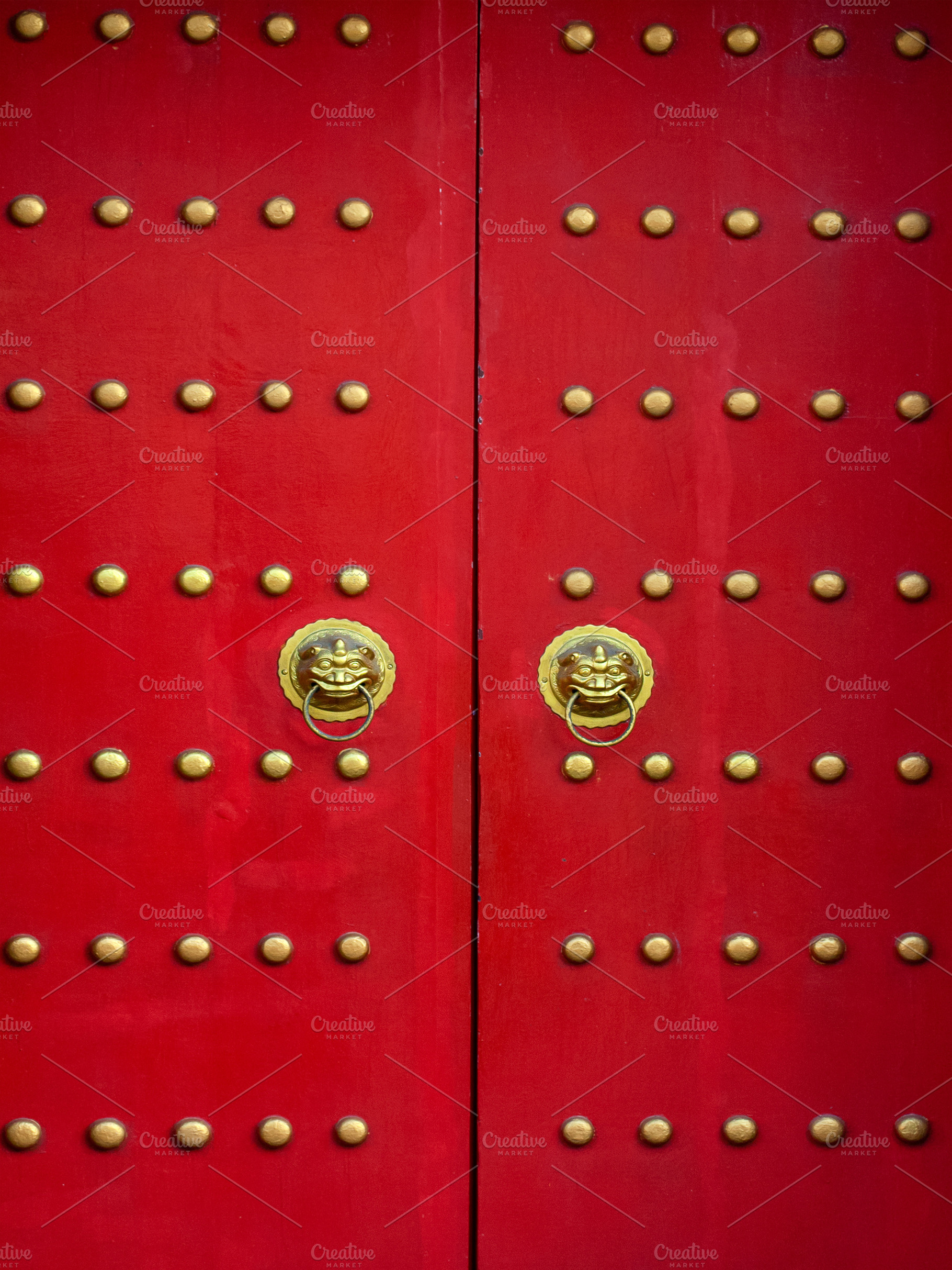 Red door with lion heads, an Architecture Photo by Sir13