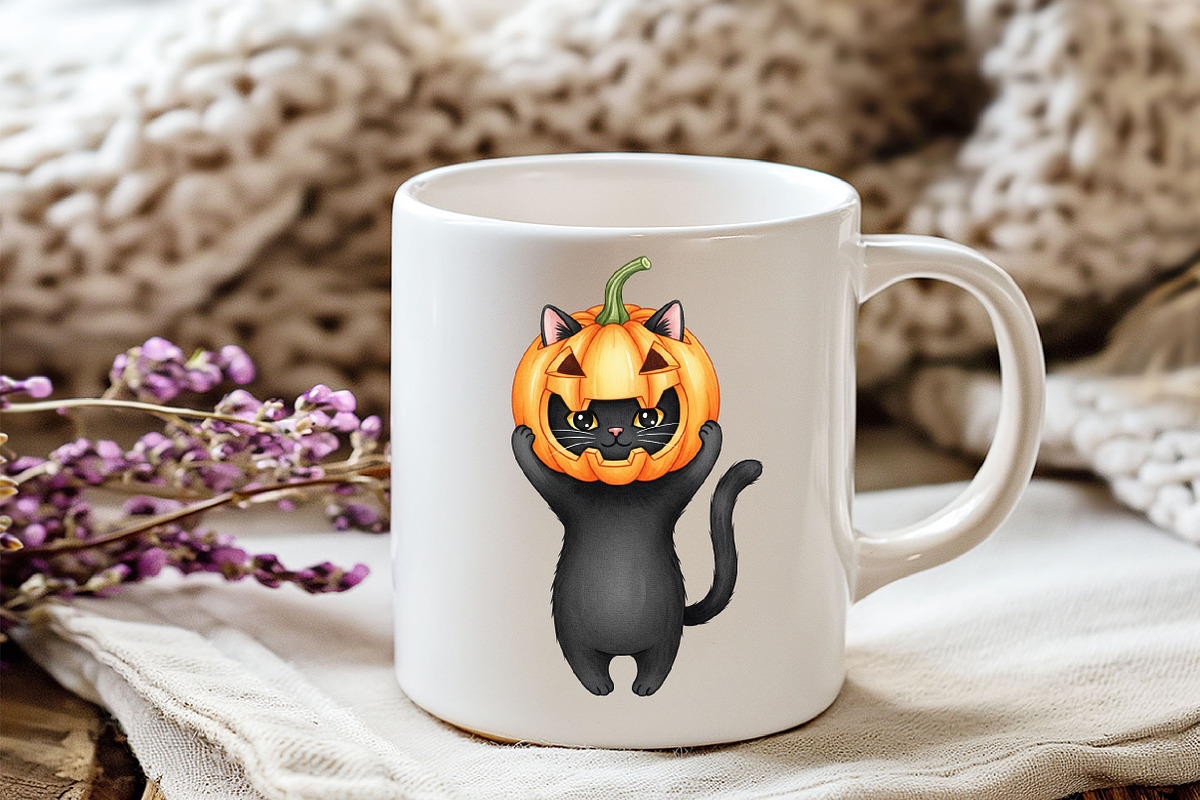 Funny Halloween Black Cat Clipart, an Illustration by Watercolor design (Photo 5 of 6)