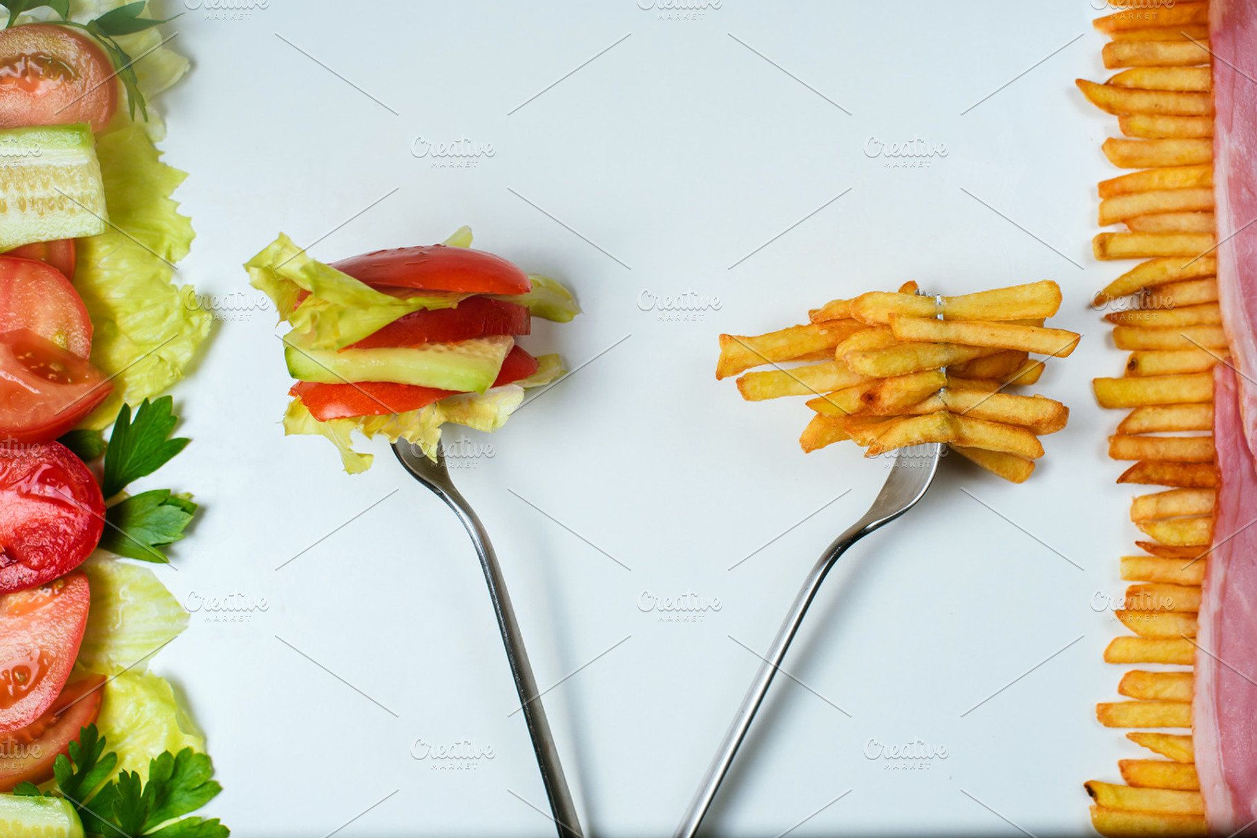 Healthy or junk food choice containing diet, dieting, and food, a Food & Drink Photo by BodiaPhoto