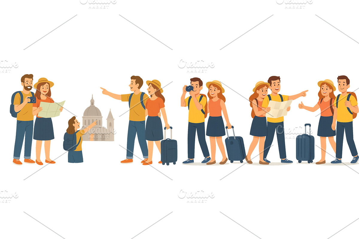 Couples explore a historic city, an Illustration by ZinetroN