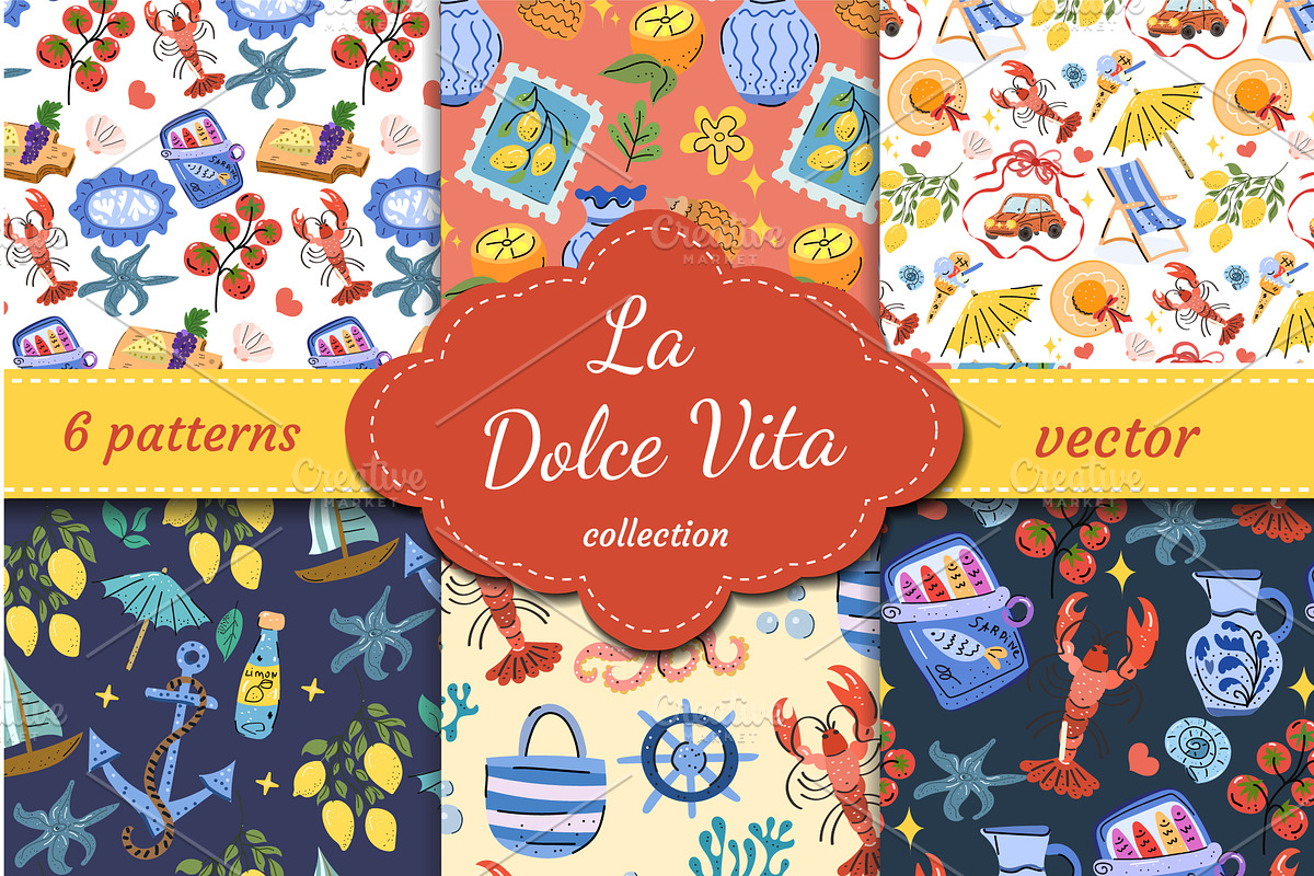 La Dolce Vita themed vector patterns, an Object Illustration by Lucia Fox