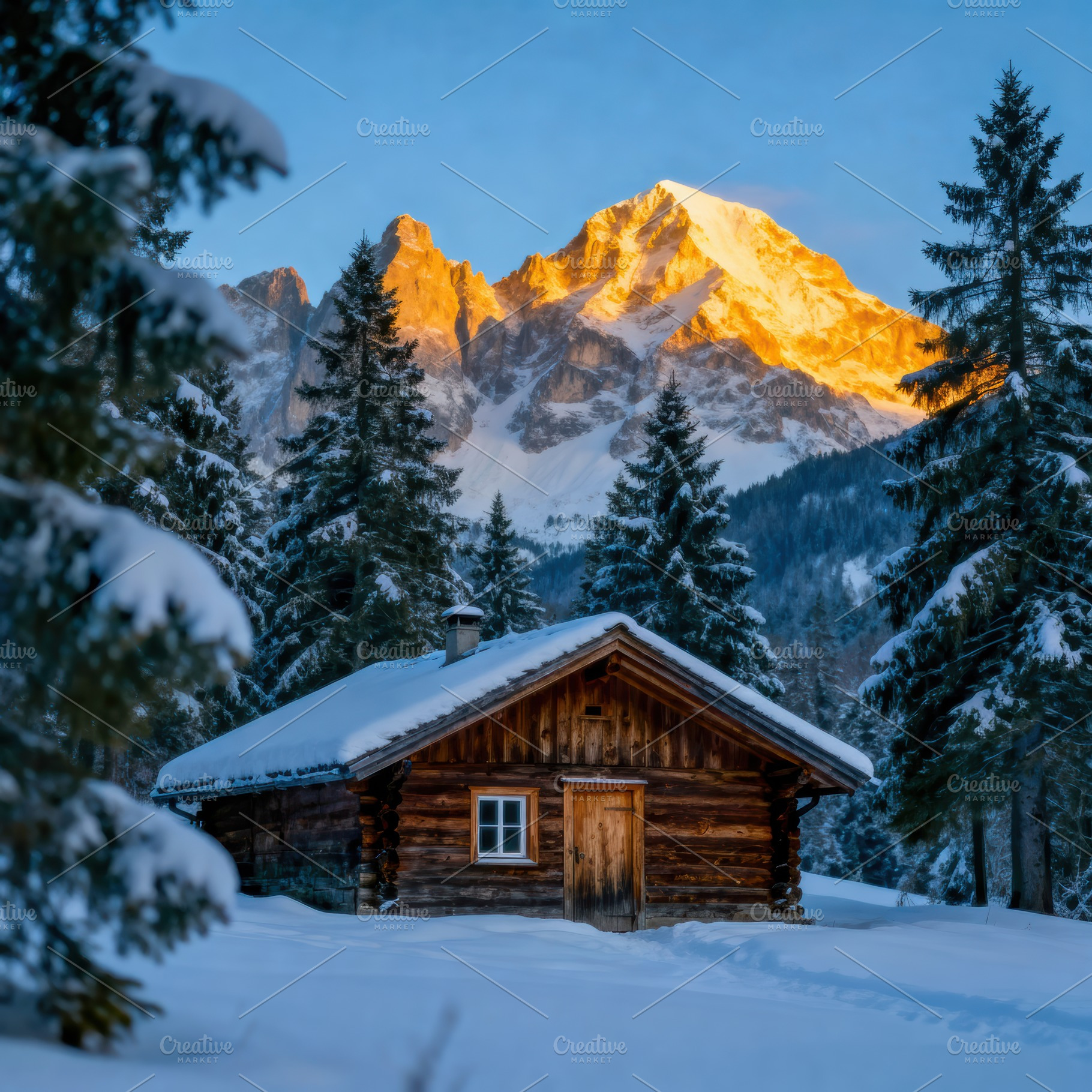 Winter Wonderland Cabin, Golden Hour, a Nature Photo by Virgo Studio