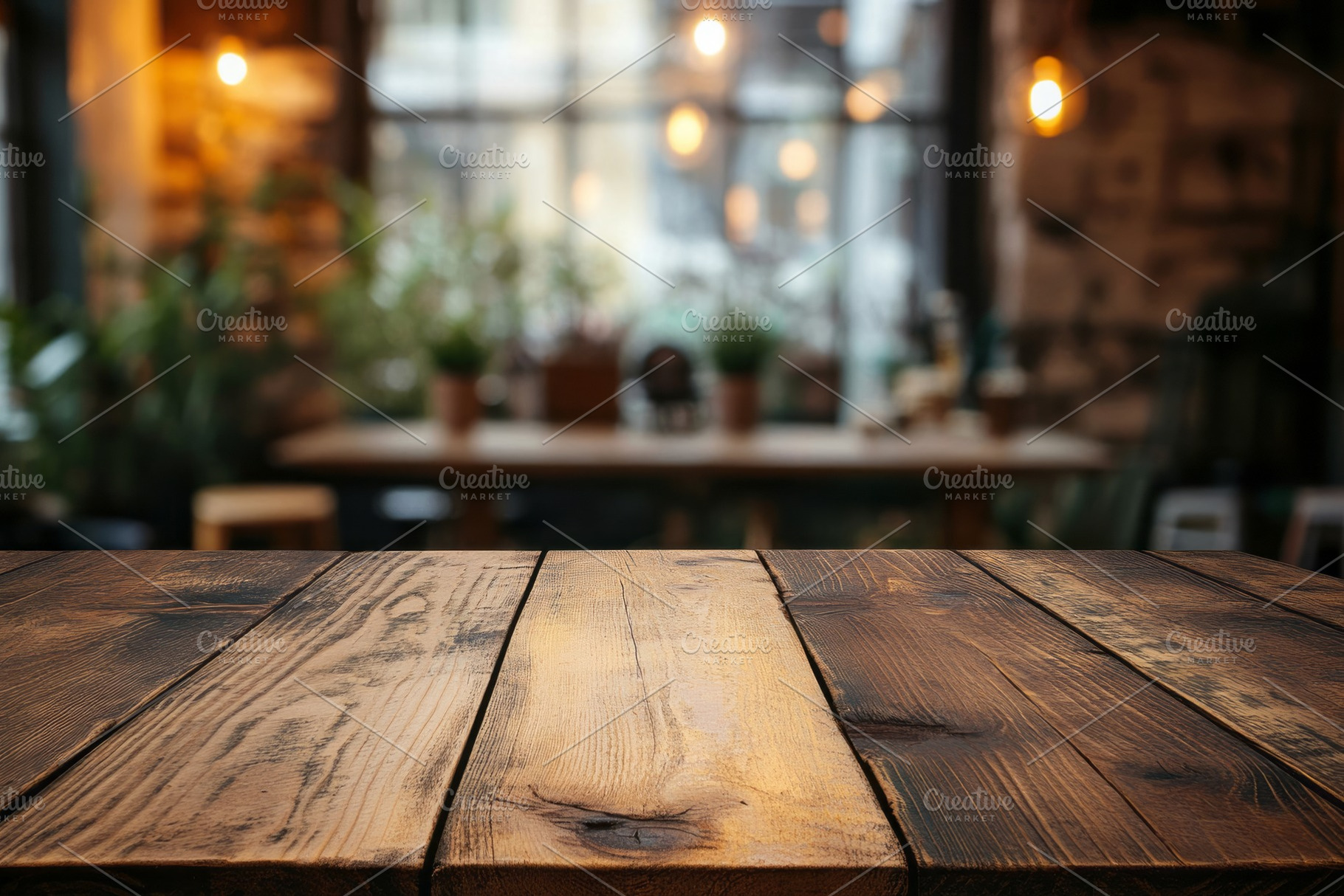Warm wooden table in a cozy cafe setting with soft lighting and plants in the b, a Background Photo by ImageMir
