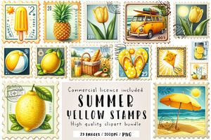 Yellow Summer Postage Stamps Clipart, an Illustration by CreationArt